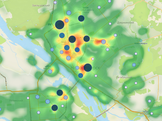 Тепловая карта поиска фитнесс-клубов в Новосибирске